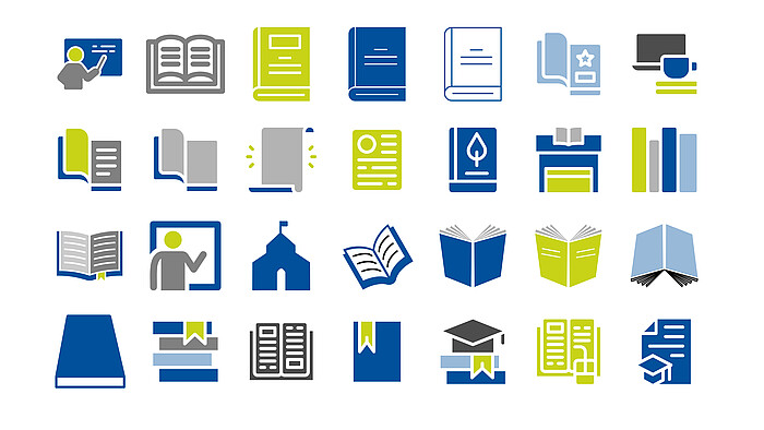 Mehrere nebeneinander angeordnetes Icons, Bücher, lehrende Person